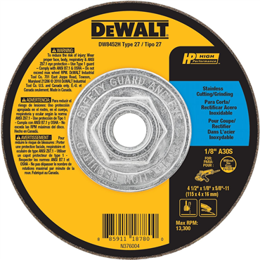 Stainless Stee 4.5 in X 5/8 - 11 Grinding Wheel