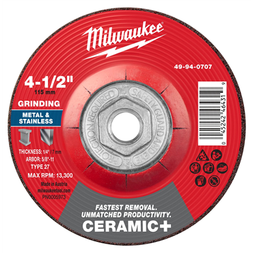 4-1/2 in x 1/4 in x 5/8 in-11 Ceramic Plus Metal Grinding Wheel - Type 27