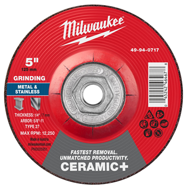 5 in x 1/4 in x 5/8 in-11 Ceramic Plus Metal Grinding Wheel - Type 27