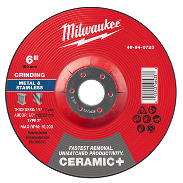 6 in x 1/4 in x 7/8 in Ceramic Plus Metal Grinding Wheel - Type 27