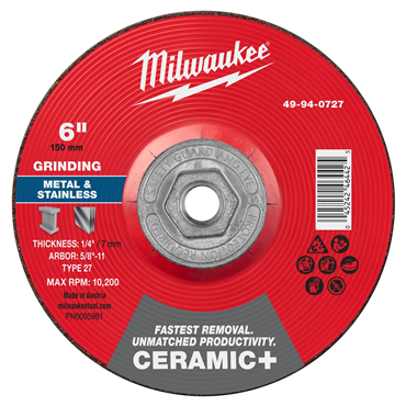 6 in x 1/4 in x 5/8 in-11 Ceramic Plus Metal Grinding Wheel - Type 27