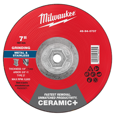 7 in x 1/4 in x 5/8 in-11 Ceramic Plus Metal Grinding Wheel - Type 27