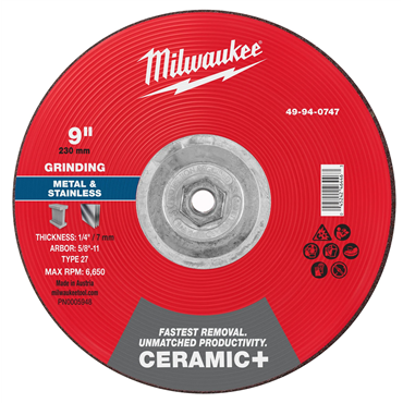9 in x 1/4 in x 5/8 in-11 Ceramic Plus Metal Grinding Wheel - Type 27